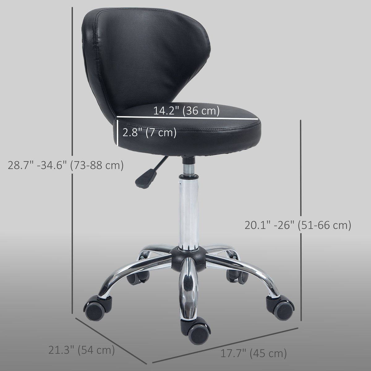 Adjustable Swivel Salon Stool with Backrest and Wheels, Office & Living Room Chair, Synthetic Leather, Black