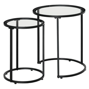 Set of 2 Nesting Coffee Tables with Metal Base, Round Side Table with Tempered Glass Tabletop for Living