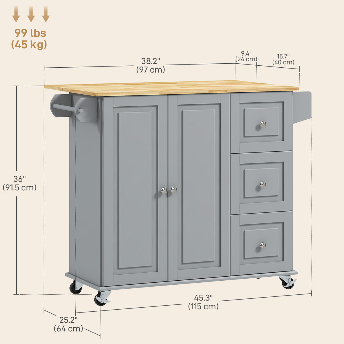 Kitchen Island on Wheels, Kitchen Cart with Drop Leaf, Drawers, Grey – view 2