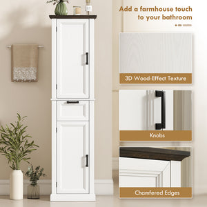 65" Tall Bathroom Storage Cabinet, Freestanding Farmhouse Slim Bathroom Cabinet with 2 Doors, Shelves and Drawer, White