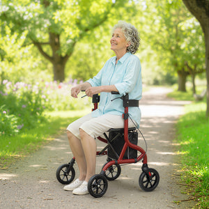 Foldable Rollator Walker with Seat for Seniors, Lightweight Rolling Walker with Adjustable Handles - Red