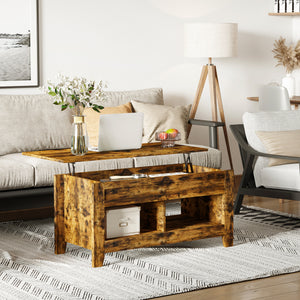 Lift Top Coffee Table with Hidden Storage Compartment and Open Shelves, Lift Tabletop Pop-Up Center Table for Living Room, Dark Walnut