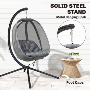 Hanging Egg Chair, Outdoor Indoor Swing Chair with Stand, Folding Basket and Thickened Cushion, Grey