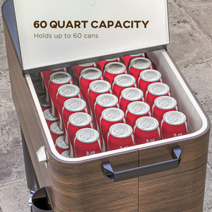 Patio Cooler, 60qt Portable Outdoor Cooler with Locking Wheels, Storage Shelf, Bottle Opener for Patio Backyard, Brown