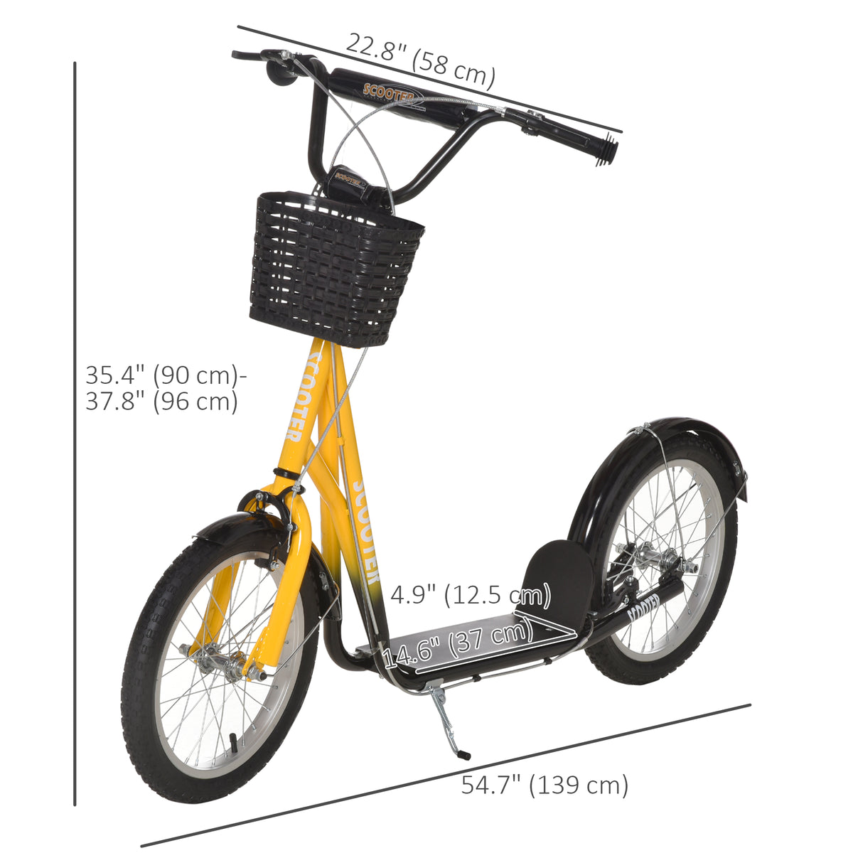 Aosom Kick Scooter with Adjustable Handlebar, Kids Scooter with 2 Brakes Basket Cupholder 16" Inflatable Rubber Tyres