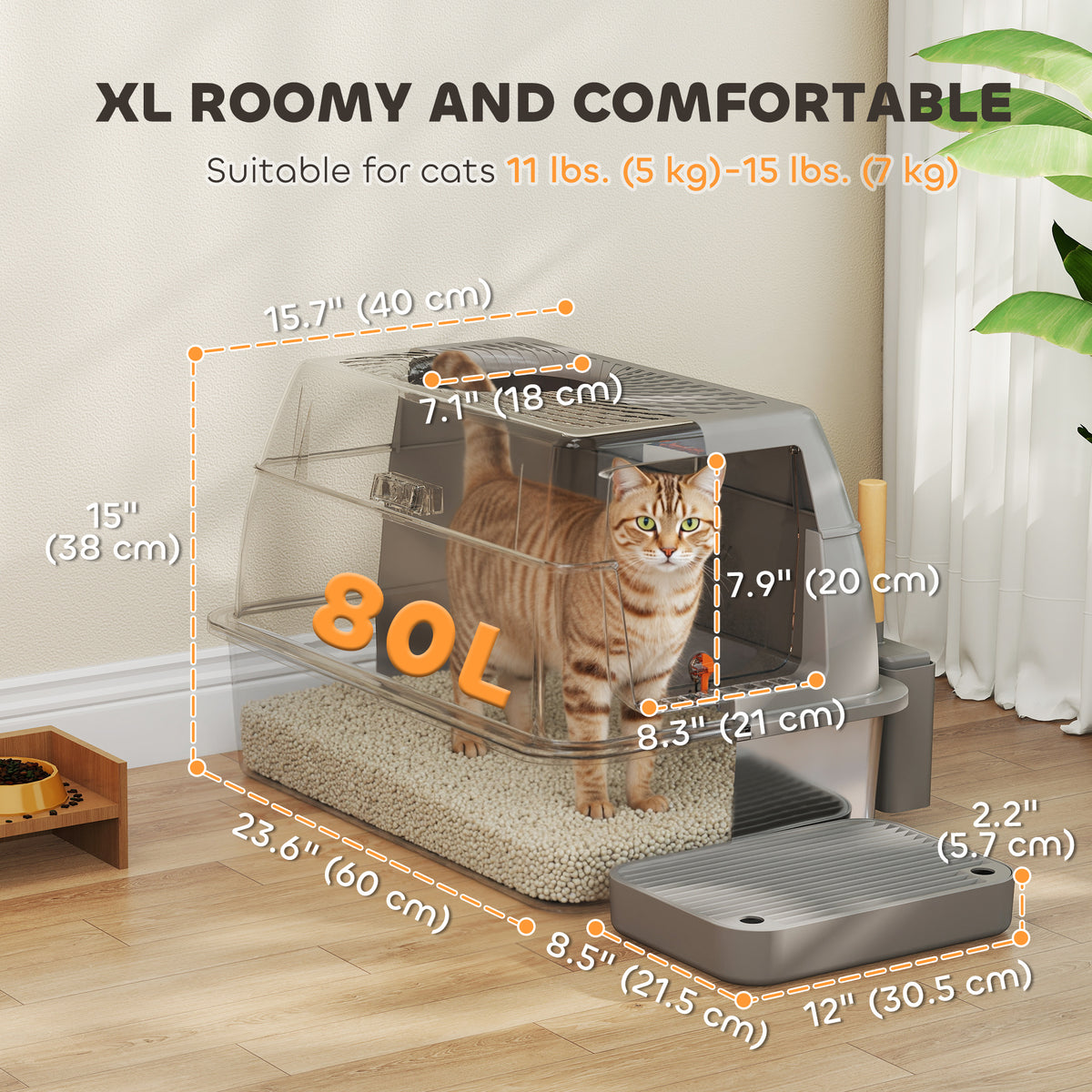 XL Stainless Steel Cat Litter Box, 80L Kitty Litter Box with Front/Top Entry, Trapping Step, Scoop, for Large Big Cats