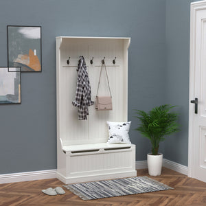 3-In-1 Hall Tree w/ Coat Rack, Shoe Storage and Bench Seat, Entryway Bench w/ 4 Hooks for Hallway, Living Room, White