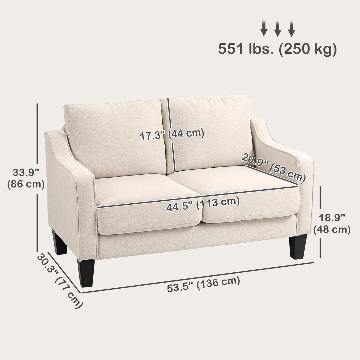 Loveseat Sofa, Modern Couch with Pocket Spring, Linen Upholstered, Thick Padded, Beige – view 2