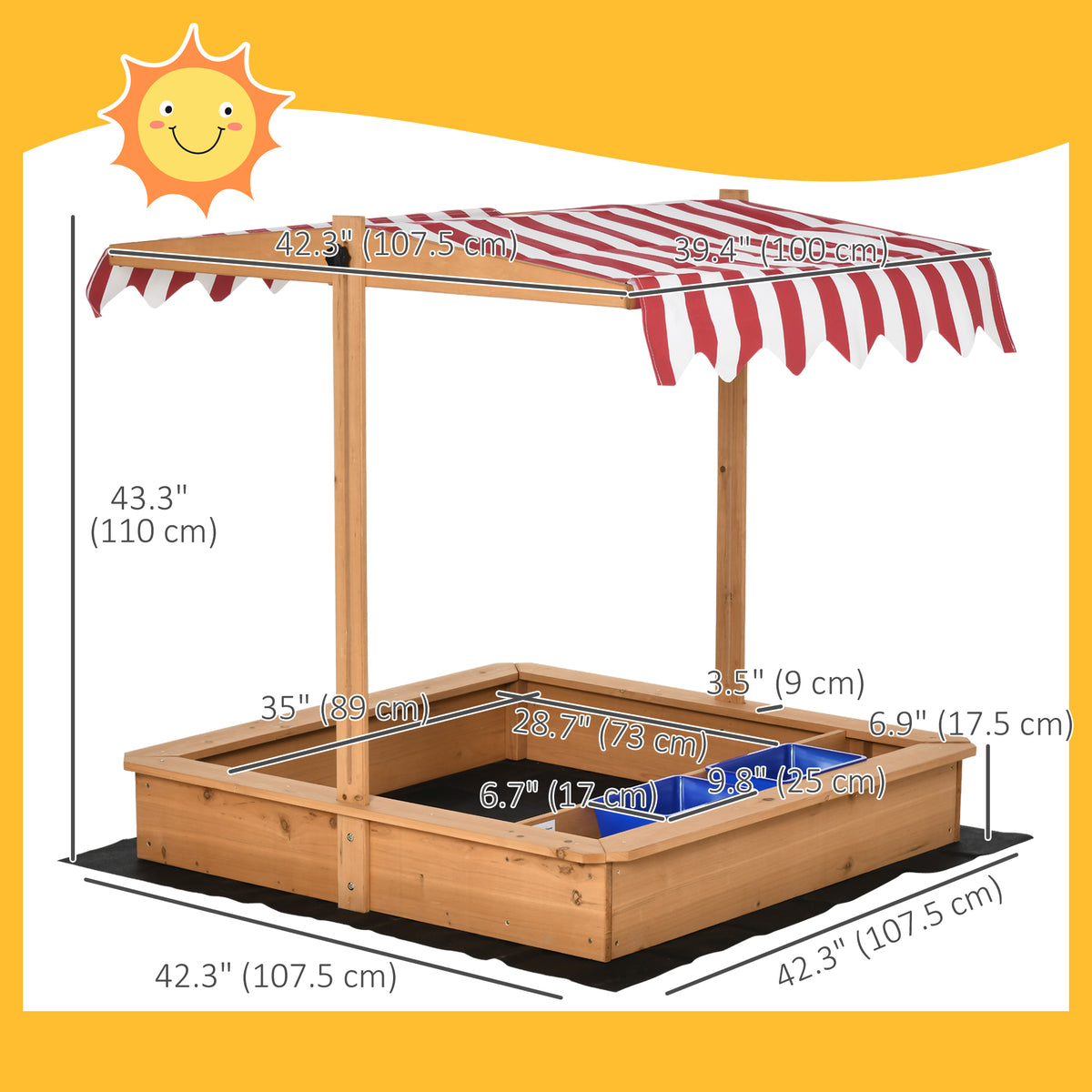 Kids Wooden Sandbox, Children Play Sand Station Outdoor with Adjustable Height Cover Lid, Bottom Liner, Seat, Plastic Basins, for 3-7 Years Old Boys and Girls