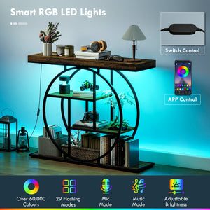 4-Tier Entryway Table with Charging Station LED Lights 39" Console Table with Circle Base for Living Room, Rustic Brown