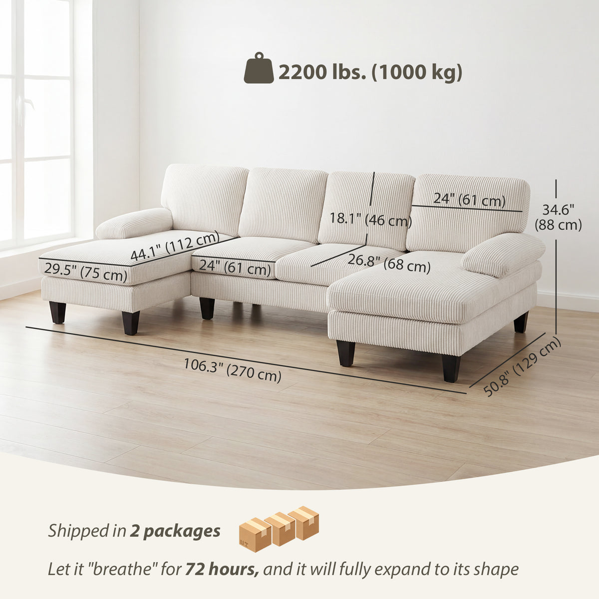 Sectional Sofa, U Shaped Couch with Double Chaise, Pillow-top Armrests and Spring Cushions – view 2