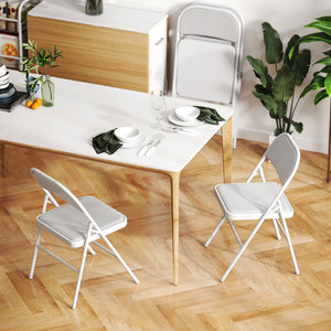 Set of 4 Metal Foldable Chairs, Corduroy Padded Folding Chairs with Cushion Seat and Open Back for Indoor, White