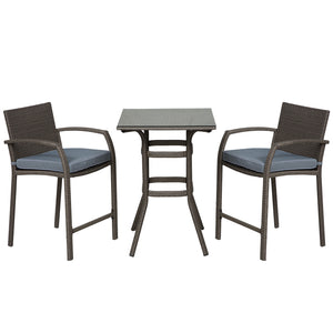3 Pieces Patio Bar Set Wicker Garden Bistro Set Outdoor Furniture PE Rattan Table and Stools with Seat Cushion, Grey