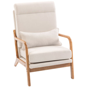 Modern Accent Chair, Linen Armchair with Lumbar Pillow, High Back, Wide Seat, Thick Cushion, Solid Wood Frame, Cream White