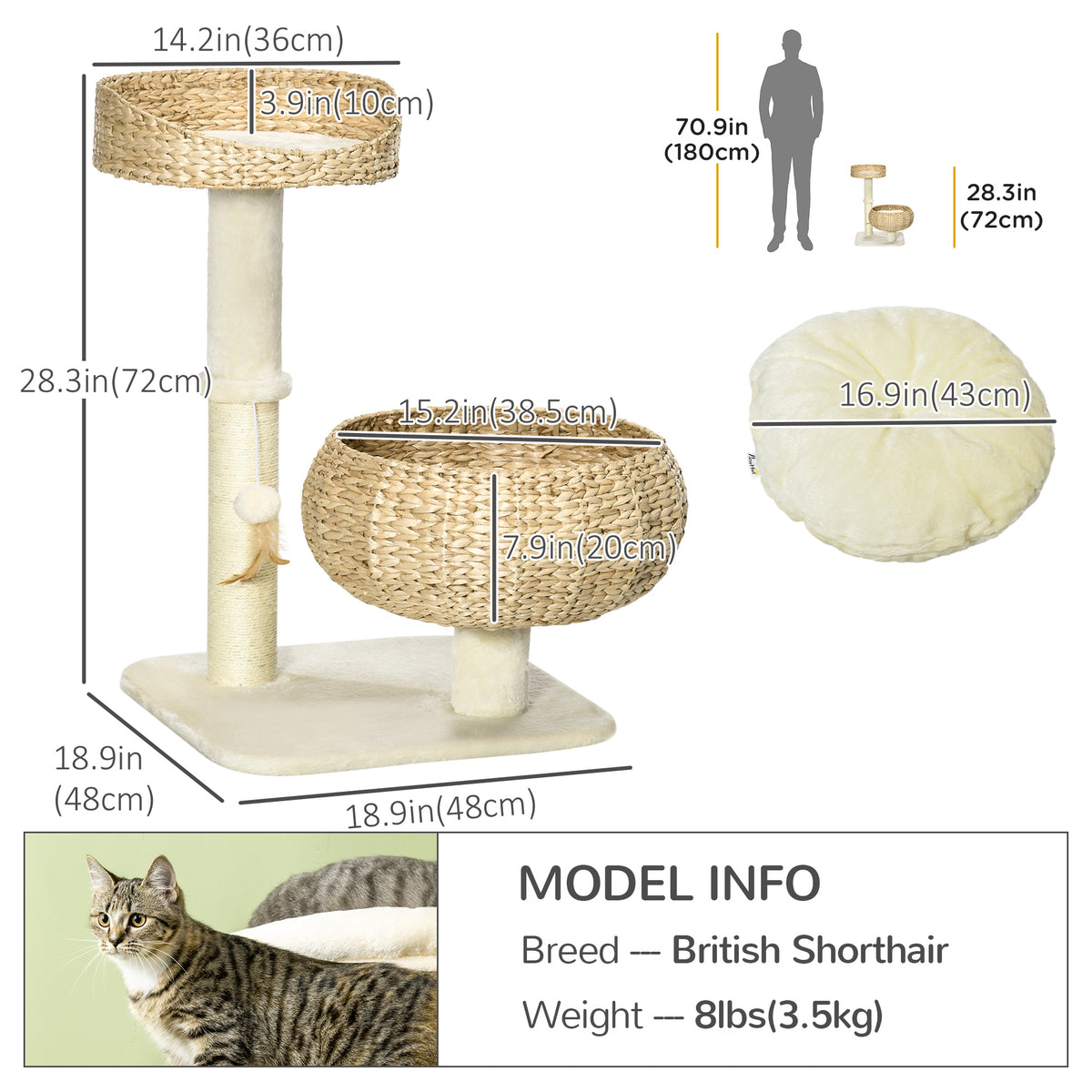 28" Cat Tree with Scratching Post, Cat Tower with Double Beds, Beige
