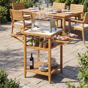 Acacia Wood Outdoor Grill Table with Faux Marble Top and Drop-Leaf Side Panels view 6