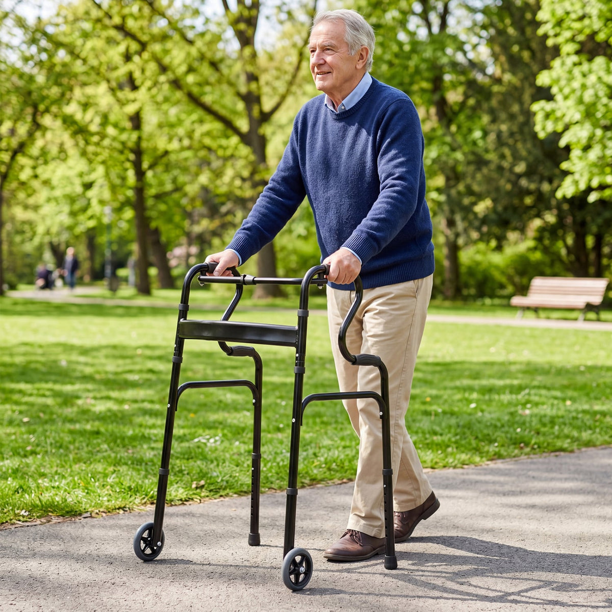 Adjustable Heavy-Duty Folding Walker with Unidirectional Wheels and Bi-Level Armrests-Black view 2