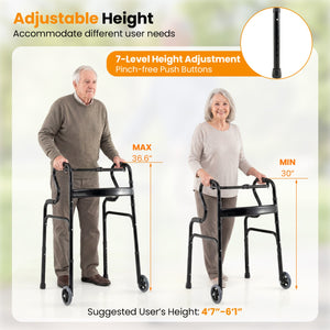 Adjustable Heavy-Duty Folding Walker with Unidirectional Wheels and Bi-Level Armrests-Black view 6