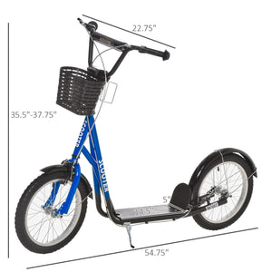 Aosom Kick Scooter with Adjustable Handlebar, Kids Scooter with 2 Brakes Basket Cupholder 16" Inflatable Rubber Tyres