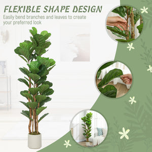 5FT Artificial Fiddle Leaf Fig Tree Set of 2, Fake Potted Tree with Solid Wood Trunks for Indoor Decor, Green
