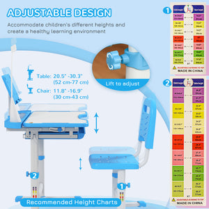 Qaba Kids Desk and Chair Set Height Adjustable Student Writing Desk Children School Study Table with Tilt Desktop