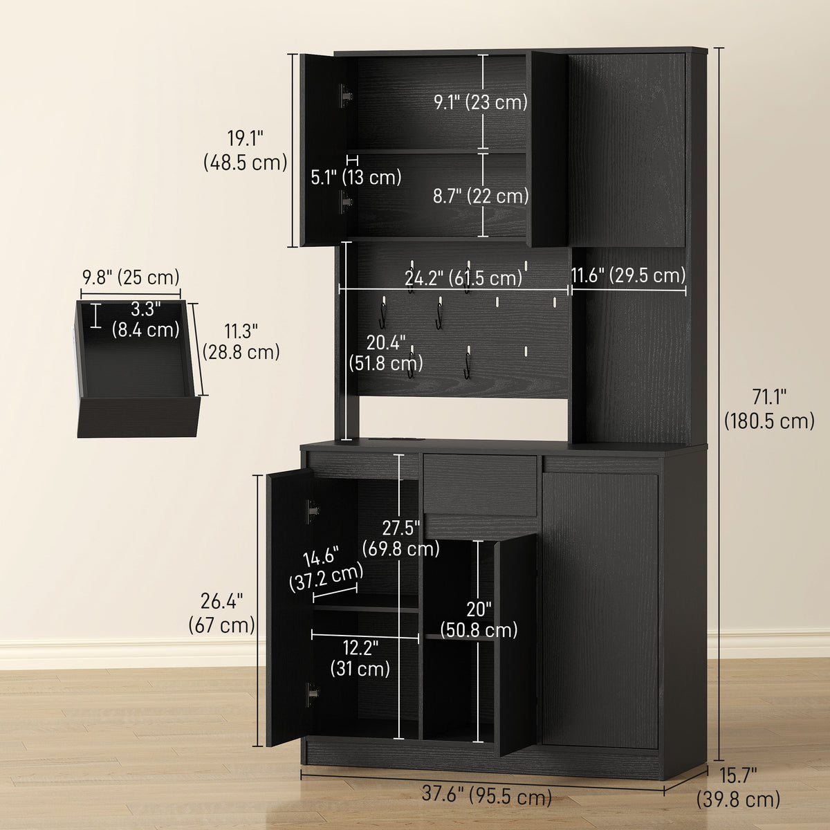 71" Pantry Cabinet with Charging Station, Kitchen Storage Cabinet with Microwave Stand, Pegboard – view 2