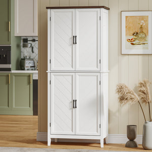 70" Tall Kitchen Storage Cabinet Modern Farmhouse Pantry Cabinet with 4 Chevron Doors and 4 Adjustable Shelves, White