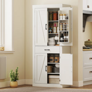 72" Kitchen Pantry Cabinet, Farmhouse Kitchen Storage Cabinet with 4 Barn Doors, 6 Door Shelves, Drawer – view 21
