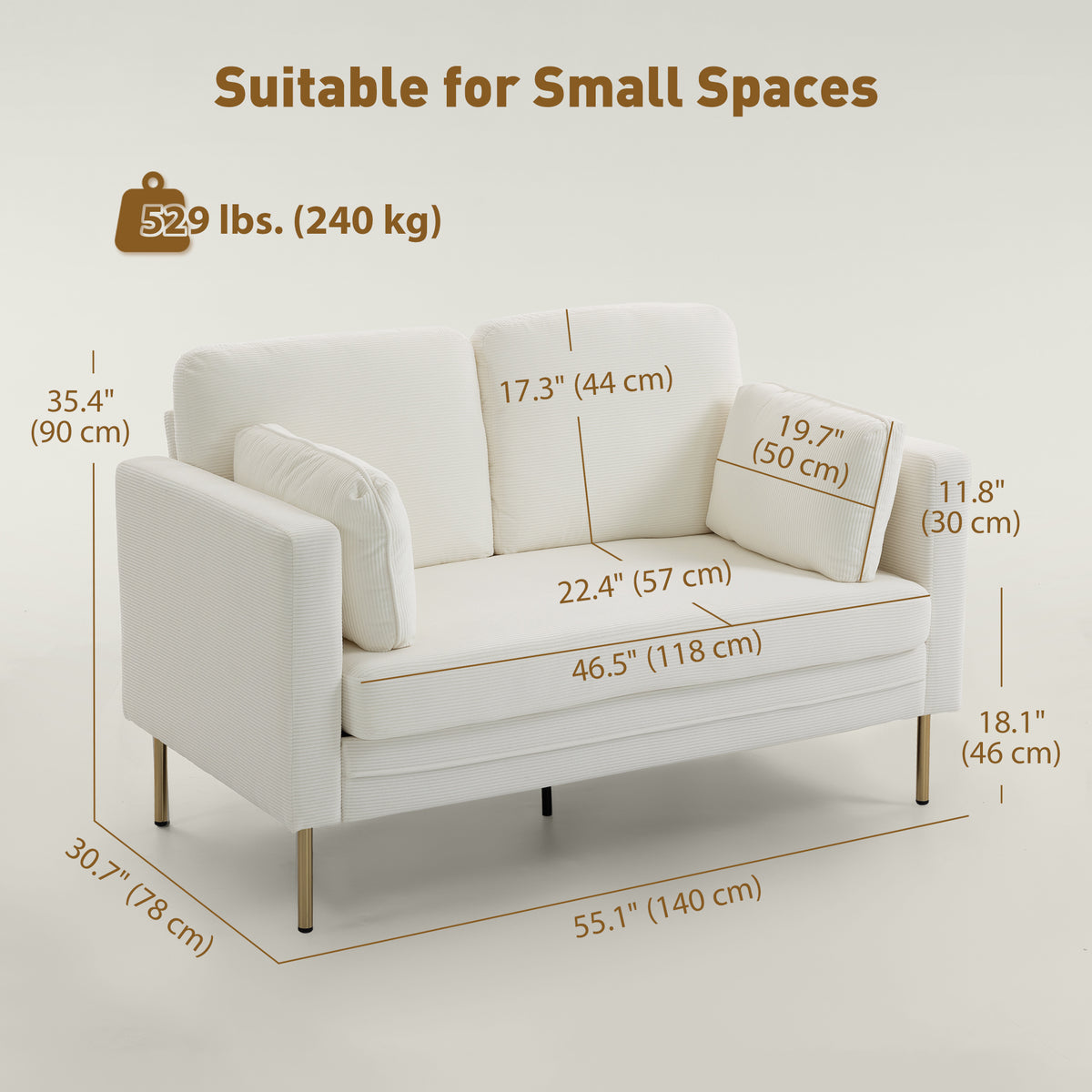 Loveseat Sofa, 55" Small Sofa Couch with 2 Pillows, Metal Legs for Living Room, Bedroom, Apartment – view 2