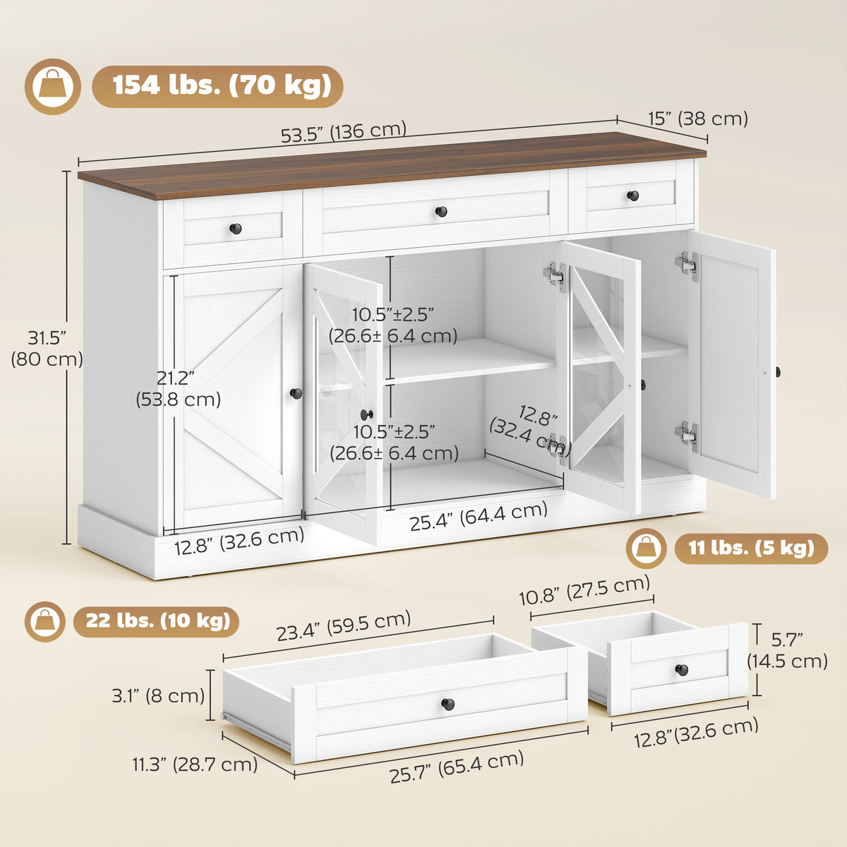 Sideboard Buffet Cabinet, 54" Farmhouse Kitchen Storage Cabinet with Acrylic Barn Doors and 3 Drawers, White Wood Grain