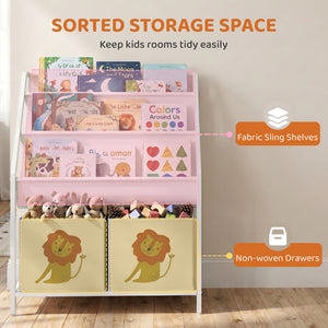 Qaba Kids Bookshelf, 3-Tier Sling Bookshelf with Toy Storage, Montessori Toy Organizer with Non-Woven Drawers for Kids Room