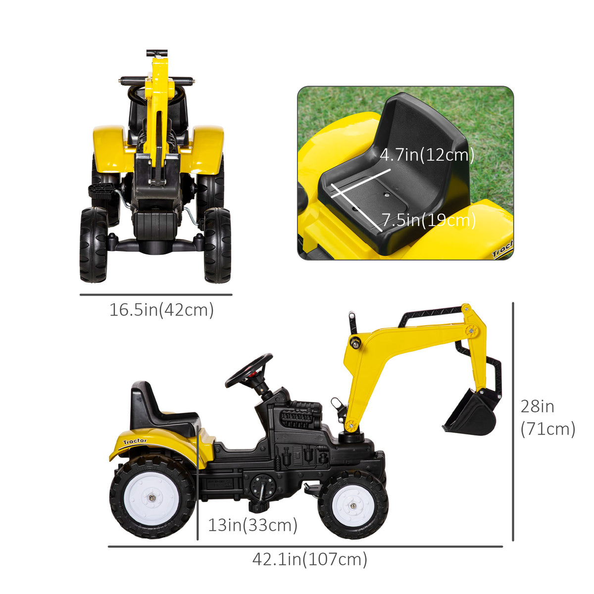Aosom Ride on Tractor for Kids, Pedal Excavator Ride on Toy with Controllable Front Bucket for 3 Years Old, Yellow