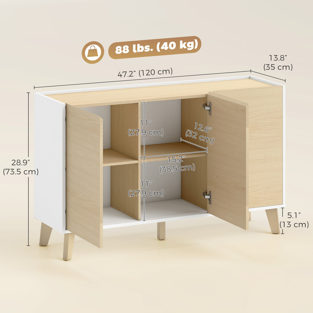 Sideboard Buffet Cabinet, 47" Modern Kitchen Storage Cabinet with 6 Compartments, Soft-Close Doors, Natural Wood Effect