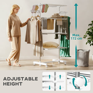 Garment Drying Rack Stainless Steel Folding Clothes Hanging Rack with Side Wings Castors for Indoor Outdoor White