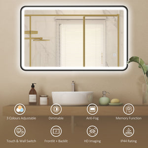 40" x 24" Bath Mirror with LED Lights, Wall Mounted Restroom Mirror, 3 Colours, Dimmable, Horizontal/Vertical, Black