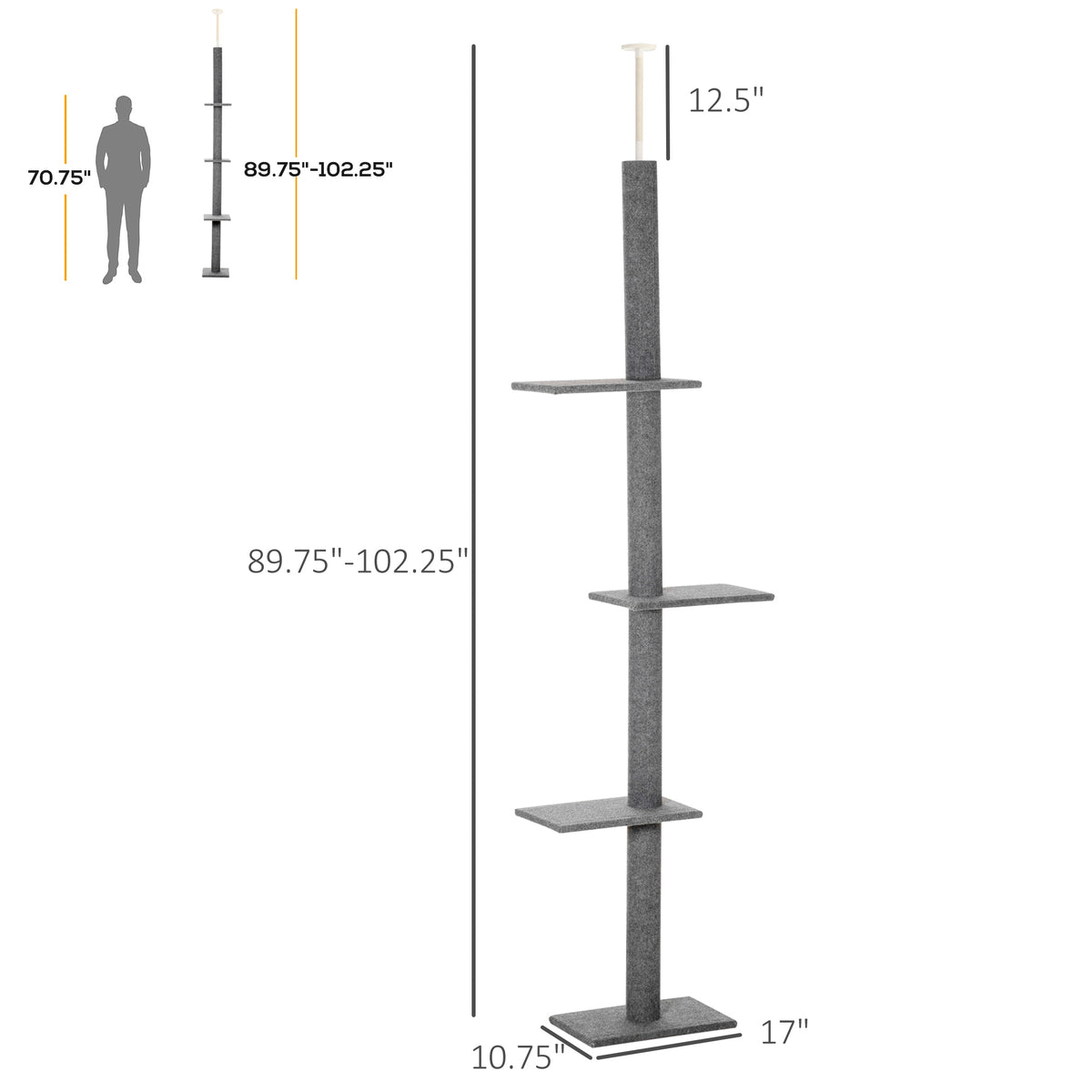 100" Floor To Ceiling Cat Tree w/ 3 Perches Activity Center for Kittens Cat Tower Furniture, Grey