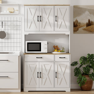 Tall Kitchen Pantry, 6 Doors, 2 Drawers, Adjustable Shelves & Worktop, Rustic Storage Cabinet for Living Room White