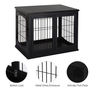 26" Wooden Dog Cage with Double Door Entrance & Simple Modern Design, Black