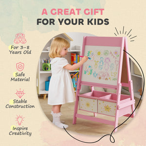 Qaba Art Easel for Kids, Double-Sided Whiteboard & Chalkboard with Paper Roll, 2 Storage Boxes, Gift for Boys, Girls