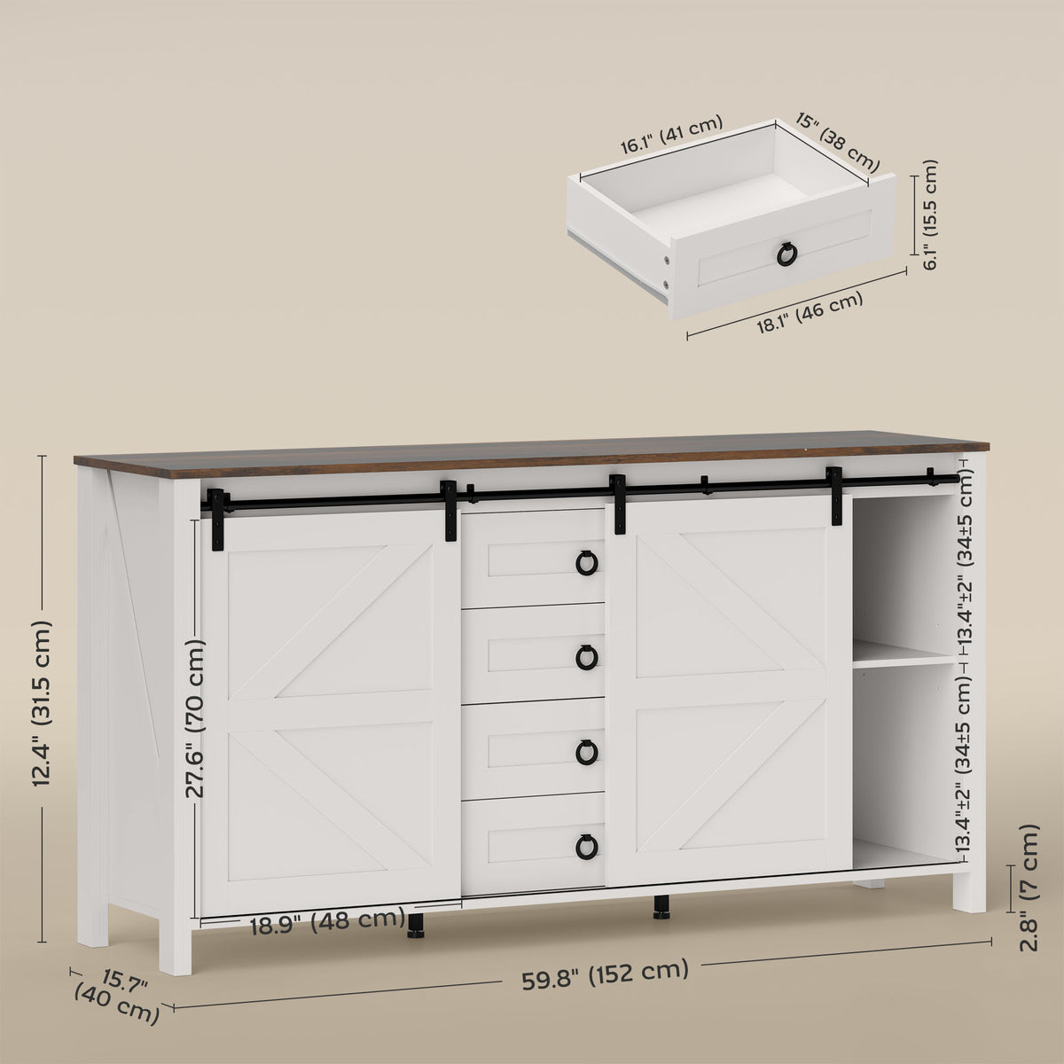 60" Buffet Cabinet, Farmhouse Sideboard with Sliding Barn Doors, Drawers and Adjustable Shelves, Cream White – view 2