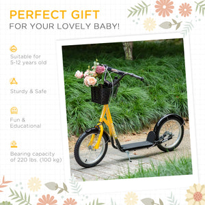 Aosom Kick Scooter with Adjustable Handlebar, Kids Scooter with 2 Brakes Basket Cupholder 16" Inflatable Rubber Tyres