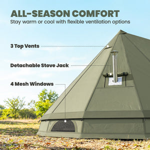 Teepee Tent Waterproof Camping Tent with Stove Jack for 4-6 Person Outdoor Camping Hiking Army Green