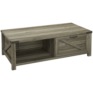Farmhouse Coffee Table with Drawer and Storage Shelf, Rustic Center Table for Living Room, Meeting Room, Grey