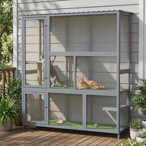 Catio Outdoor Cat Enclosure, 77" H Wooden Cat House with Weatherproof Roof, Platforms and Scratching Post