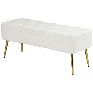 44" Lamb's Wool-Feel Upholstered Bedroom Bench, End of Bed Bench with Thick Padded Cushion and Steel Legs, Cream White