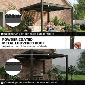 10 x 10 ft Louvered Pergola with Solar LED lights, Metal Roof, Outdoor Pergola Gazebo with Drainage Gutters, Black