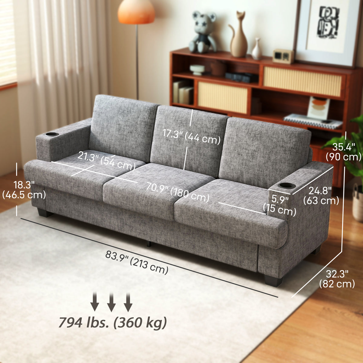 3 Seater Sofa with USB Ports & Cup Holders, Chenille-Feel Upholstered Couch for Living Room, Grey – view 2