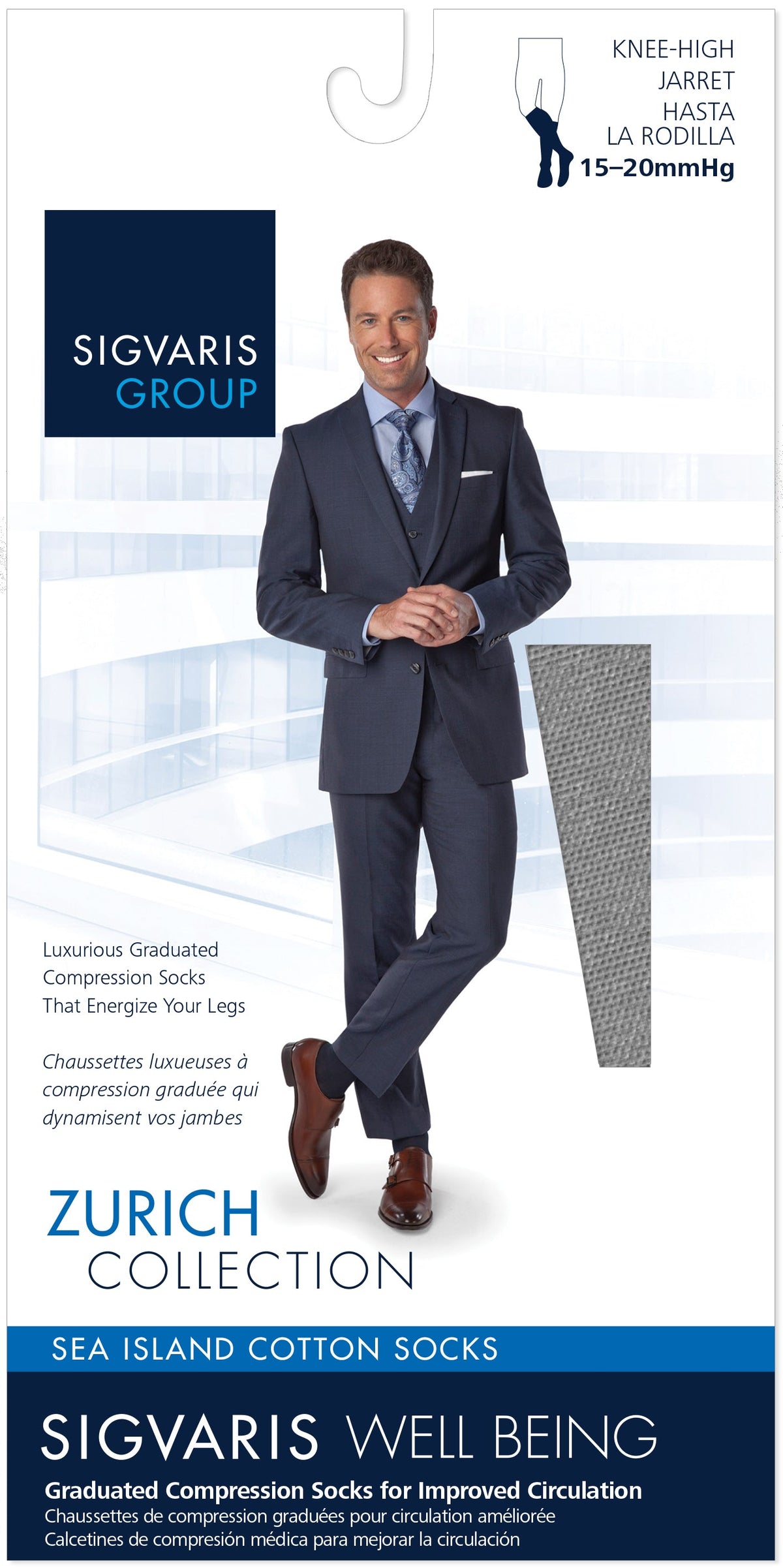 Sigvaris 190 Sea Island Cotton 15-20 mmHg Knee High Closed Toe for Men