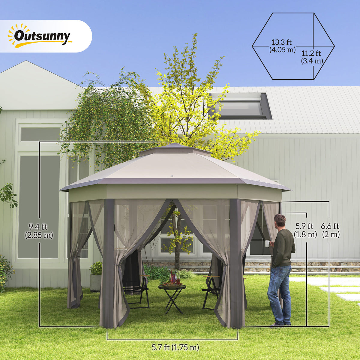 13' x 13' Pop Up Canopy Tent with Netting and Carry Bag, Instant Sun Shelter, Coffee and Beige – view 2
