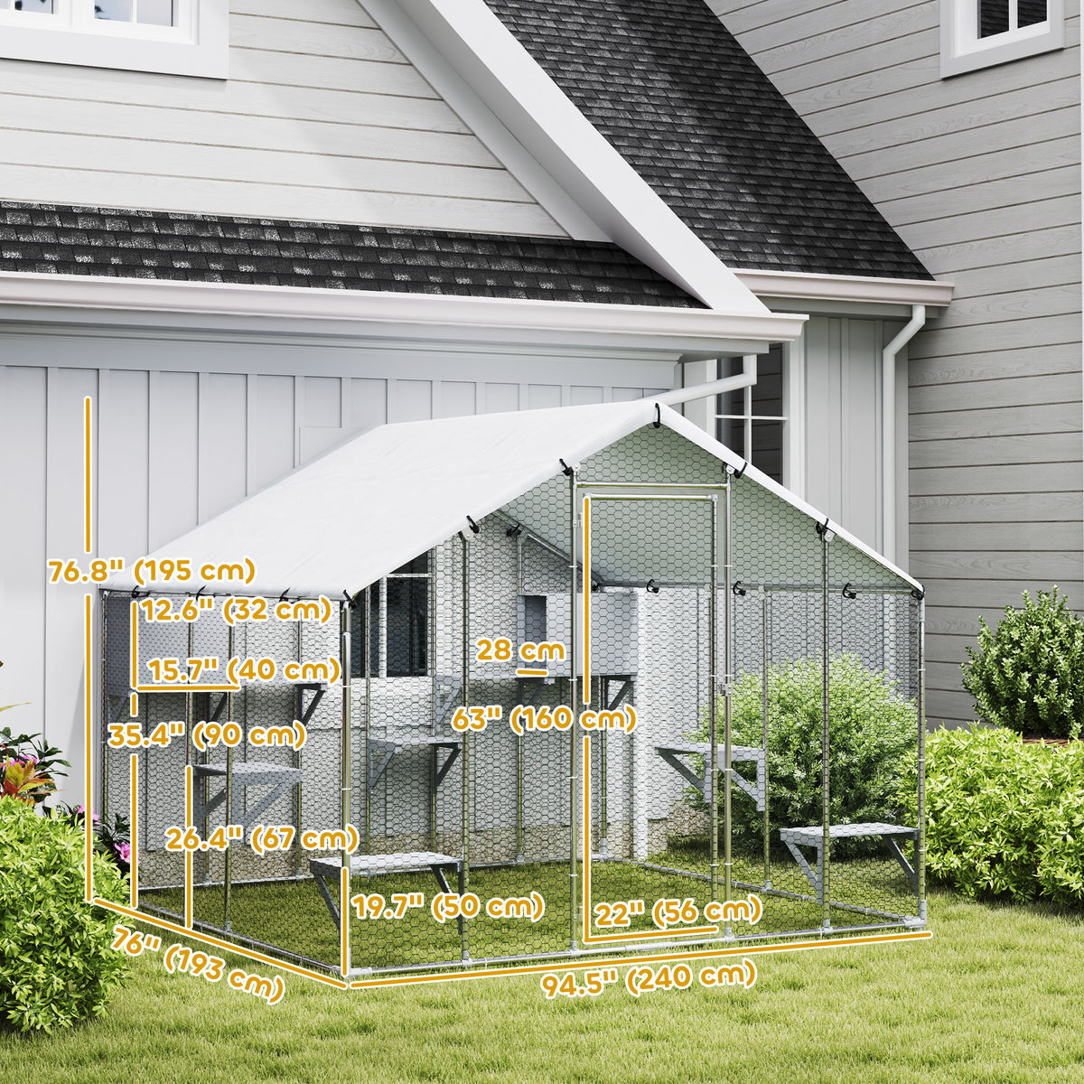 94.5" Extra Large Metal Outdoor Catio with Waterproof Cover, 2 Resting Boxes, 7 Platforms, for Multiple Rabbits, Chicken